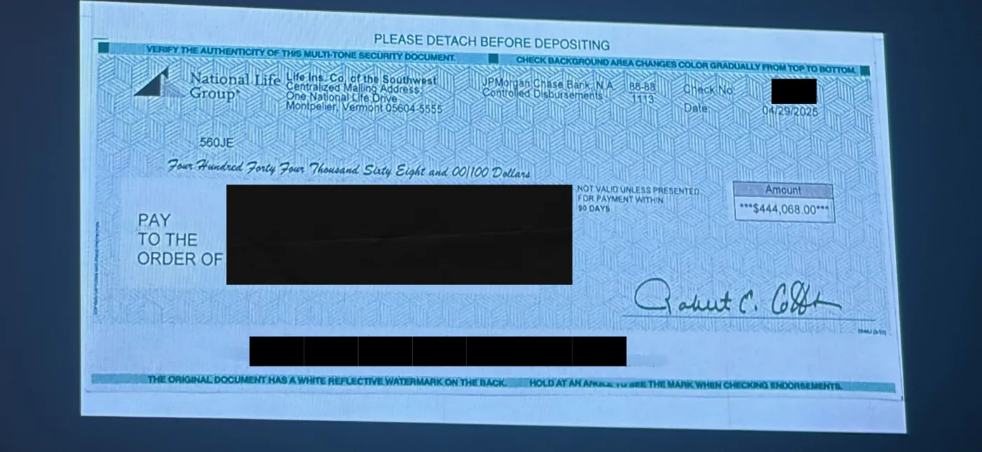 Living benefit check from National Life Group